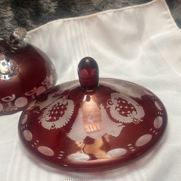 Vintage Bohemian  Red Glass Cut To Clear Candy Dish
W/lid - Picture 8 of 16